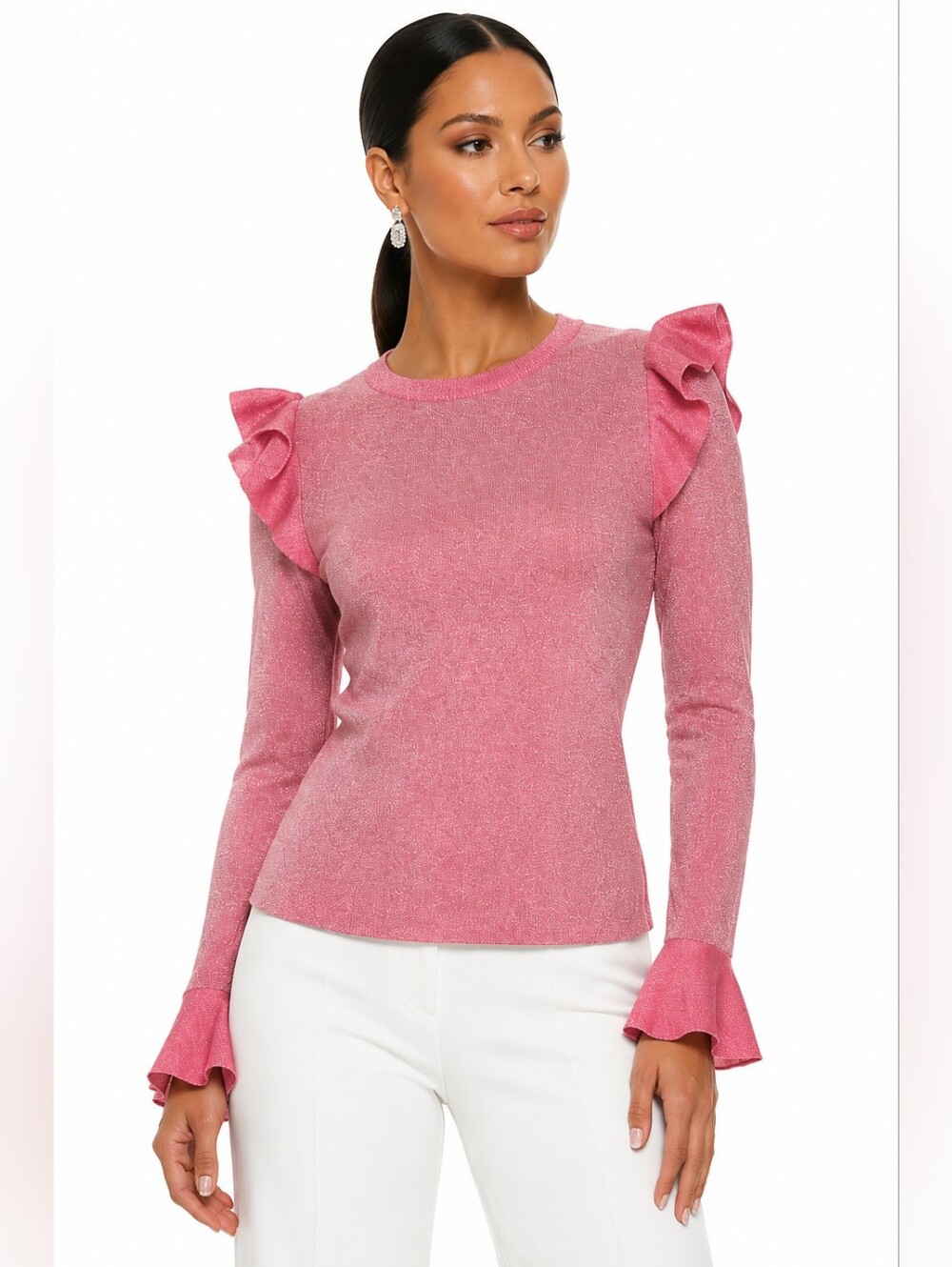 NWT Alice + Olivia Rose Gold Metallic Ruffle Sleeve Knit Sweater Top M $295